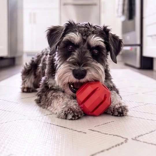 A terrier lying down on the kitchen floor mouths a KONG Stuff-a-Ball