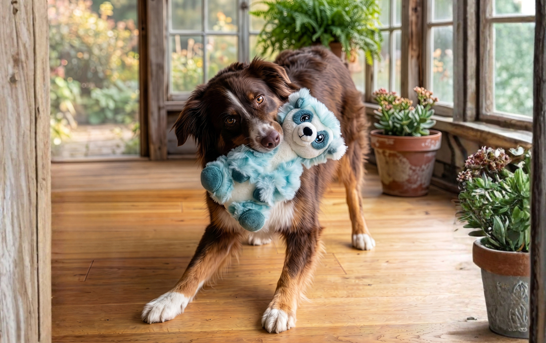 Brown Australian Shepherd with a blue colored Meerkat plush toy in its mouth. 