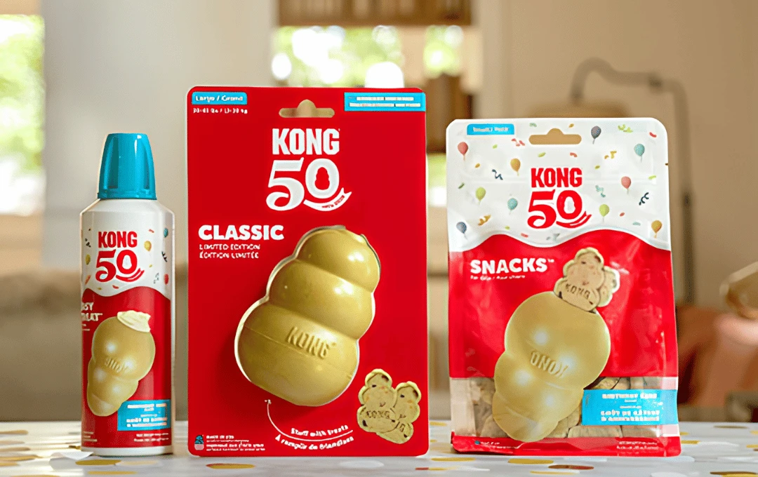 A can of KONG 50th Easy Treat next to a limited edition gold KONG on packaging and to the right is a bag of new birthday flavored KONG treats. 