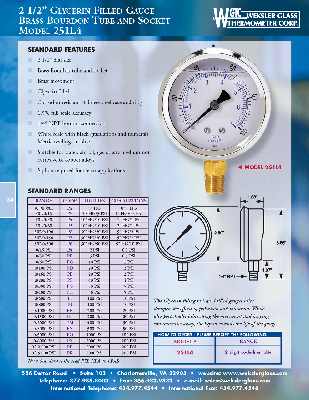 2.5" Dial SSTL Pressure Gauge Glycerin Filled Weksler GTC