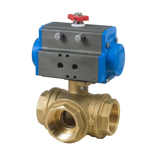 3 Way Direct Mount L-Ported Brass NPT Ball Valve Spring Return Pneumatic Actuator Bonomi 8P0132