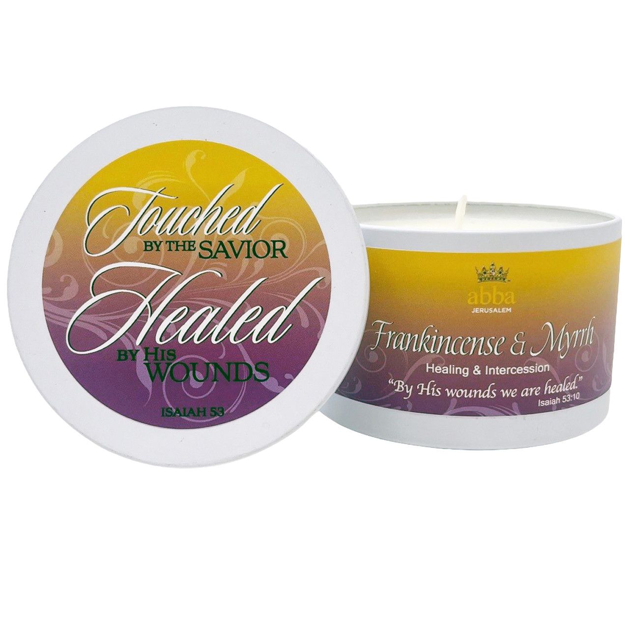 Candle: Frankincense & Myrrh with Scripture (White Tin, 8oz