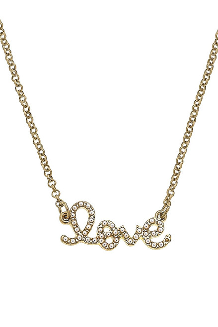 LOVE Pearl Studded Script Necklace in Worn Gold