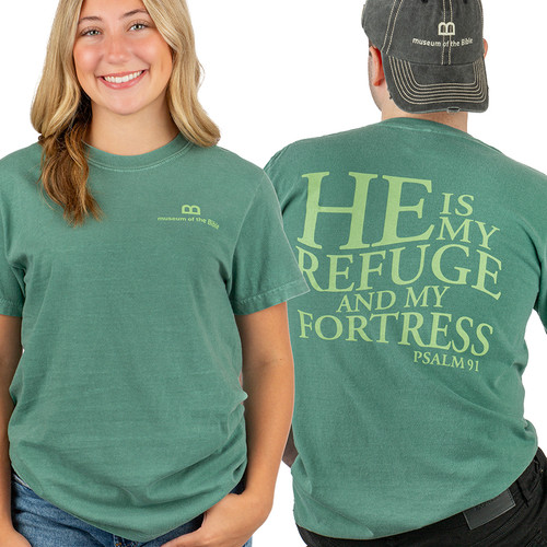 Image shows a woman and man showing the front and back of a shirt