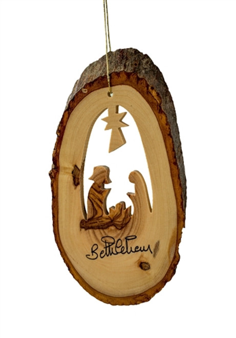 Natural Cut Wood with Nativity Ornament