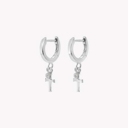 Calvary Huggie Hoop Cross Earring - Sterling Silver