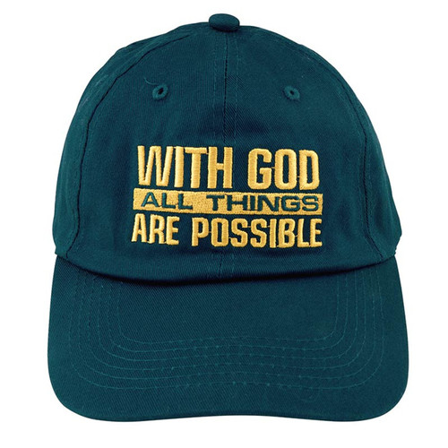 Image shows a baseball cap with the Bible verse With God all things are possible in gold lettering.