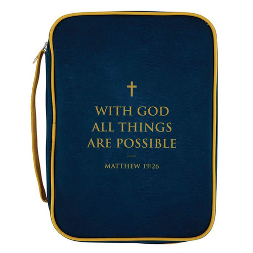 Image shows a Bible cover a handle on the left side. In the center of the cover, there is a cross and the Bible verse With God all things are possible in gold print.