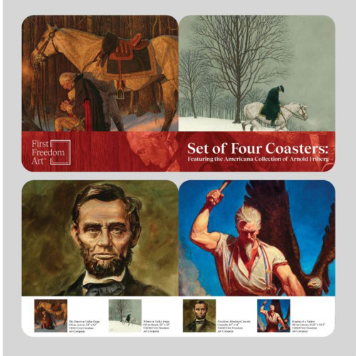 Image shows all four coasters with images from artist Arnold Friberg.