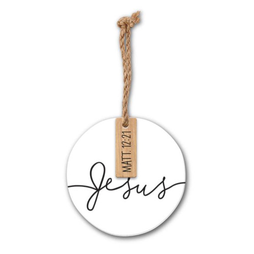 Round Ceramic & Wood Ornament - Jesus