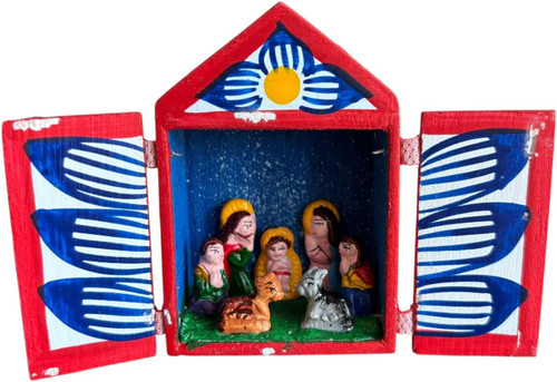 Image shows a mini Nativity Retablo, a traditional Peruvian folk art piece handmade by Peruvian artisans.