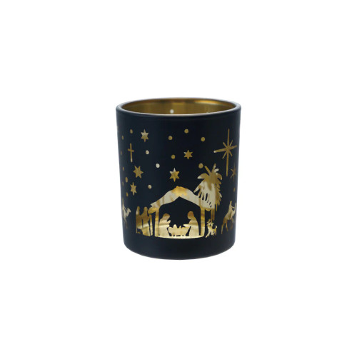 Image shows a glass tealight/votive holder featuring a finely detailed laser-etched Nativity scene.