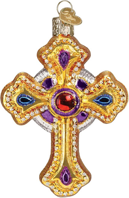 Image shows this ornate cross ornament that is mouth-blown from molten glass, infused with liquid silver for brilliance, and hand-painted.