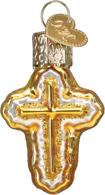 Image shows a mini cross ornament that is blown from glass and hand-painted with shimmering gold and silver accents