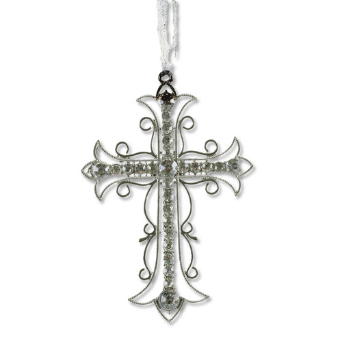 The image show a crystal cross ornament, crafted from shimmering acrylic and delicate wire.