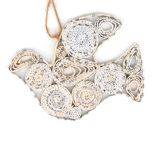 Image shows a recycled paper dove ornament Designed in the shape of a graceful dove in flight, this ornament is made from recycled paper materials, reflecting both environmental consciousness and timeless Christian symbolism.
