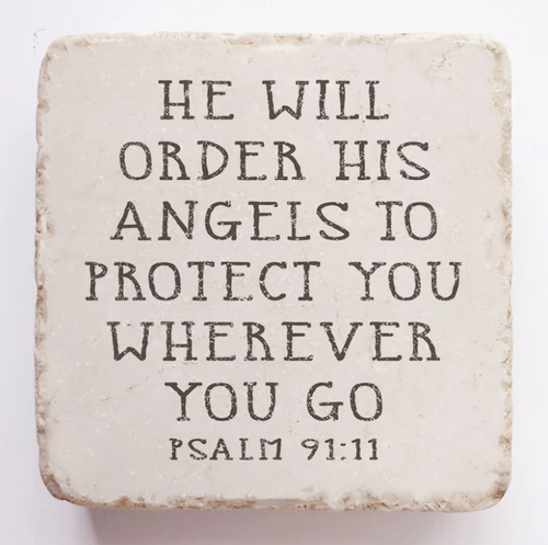 Image shows a Scripture Stone that features the comforting promise of divine protection from Psalm 91:11. 