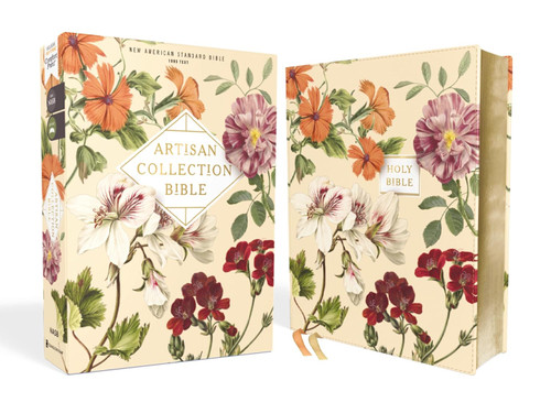 Image shows the front and back of a NASB Artisan Collection Bible featuring an almond floral cover design, which is hand-painted and printed on premium leather-soft material.