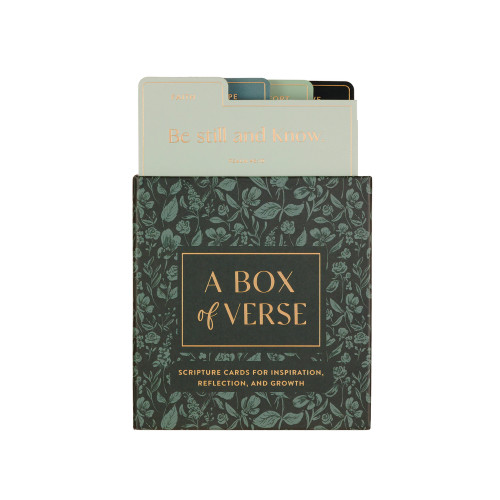 Image shows the outside of the box of verse prayer cards that feature a delicate green floral motif.