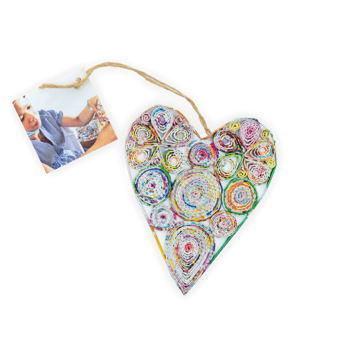 Image shows a recycled paper full heart ornament with its tag.