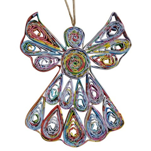 Image shows a recycled paper angel ornament made from upcycled magazine paper.