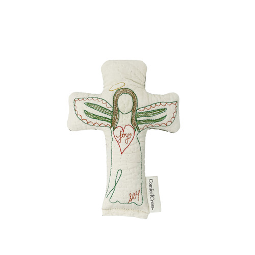 Image shows the front of a handmade quilted Comfort Cross –Angel Joy with green wings