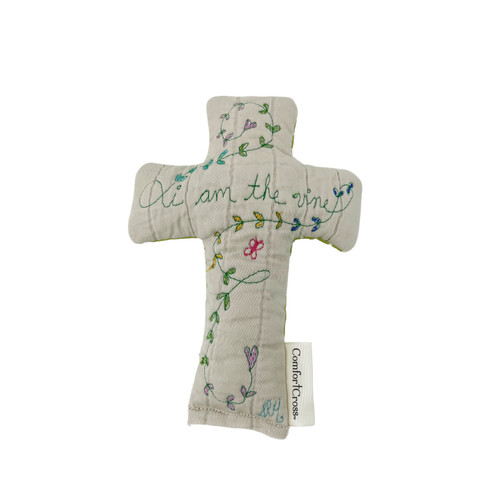 Image shows the front of a handmade quilted Comfort Cross – I am the vine.