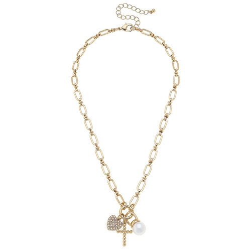 Poppy Beaded Cross & Pearl Charm Necklace 