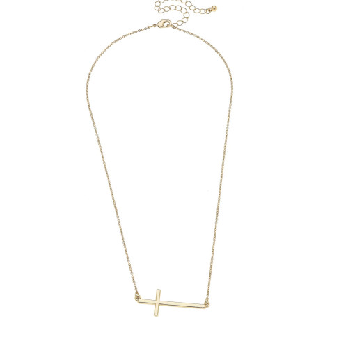 Image shows the Carmi Necklace featuring a sleek horizontal cross on a delicate gold chain.