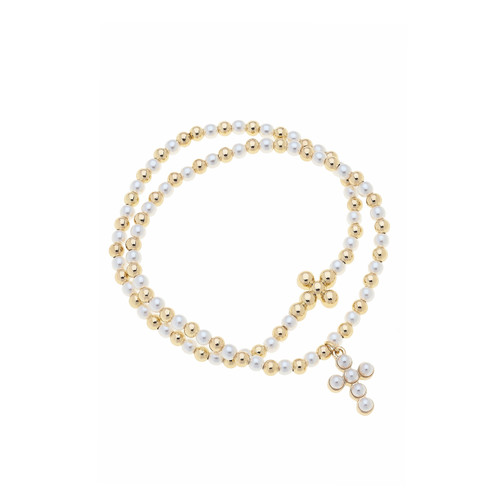 Image shows the Emily bracelet set that features two stretch bracelets, one adorned with faux pearls and the other with polished ball beads in a soft ivory tone.