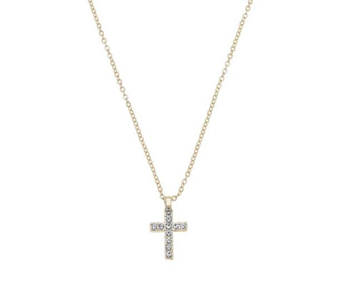 Image shows a close-up of a Clara Pavé Cross Necklace with its cross pendant adorned with shimmering pavé stones, set in a shiny gold finish. 