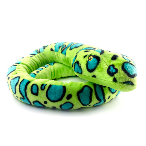 Image shows a curled-up green corn snake plush. 