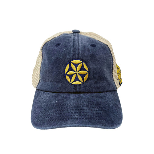 Image shows the front of a Khaki Magdala Trucker Cap.
