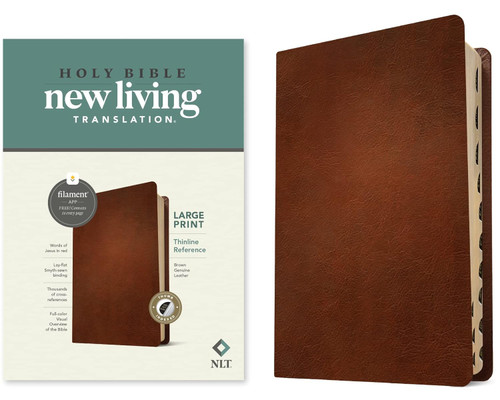 The image shows the front cover and cover sleeve of an NLT Large Print Thinline Reference Bible, Filament Enabled in genuine leather.
