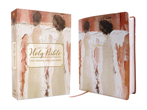 Image shows the front cover and book sleeve of an Amplified Holy Bible in blush pink. It is part of the Anne Neilson Angel Art Series.