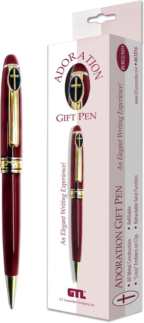The image shows the Cross Adoration Gift Pen in a burgundy and its packaging next to it.