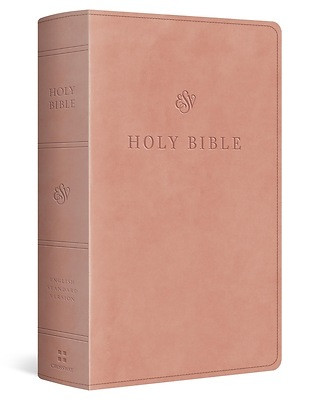 The image shows a side view of an ESV large print, personal-size Bible in blush rose.