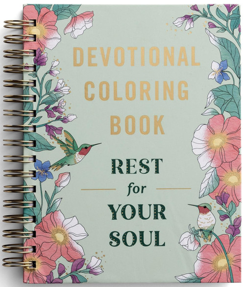The image shows the front cover of Rest For Your Soul: Devotional Coloring Book, which is spiral-bound. 
