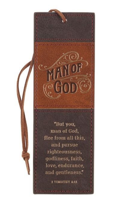 The image shows the front of the "Man of God" bookmark in brown and espresso.