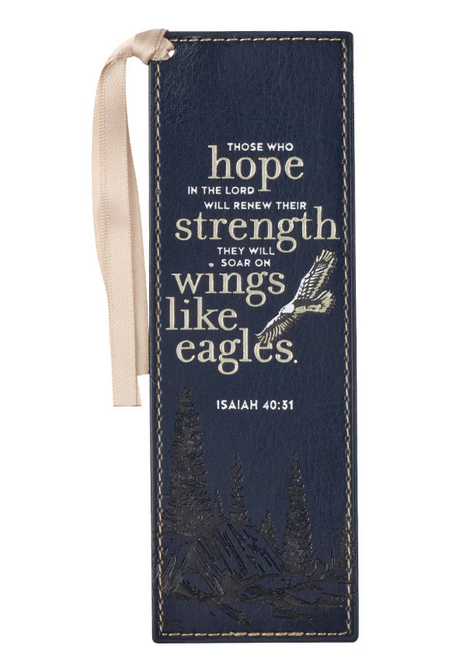 The image shows the front of an "On Eagle's Wings" bookmark in navy blue.