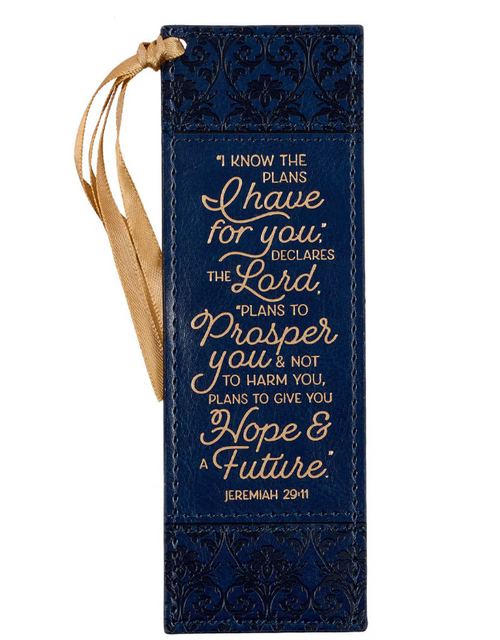 The image shows the front of the "I Know The Plans" bookmark featuring a floral trellis in blue.