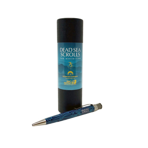 The image shows the Dead Sea Scrolls rollerball pen and its packaging. 