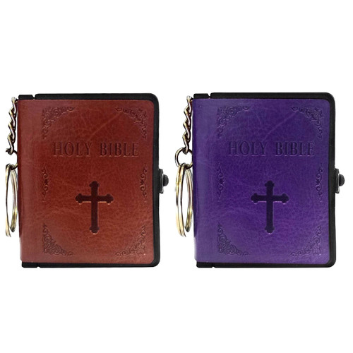 The images show a brown Bible keychain next to a purple one. 