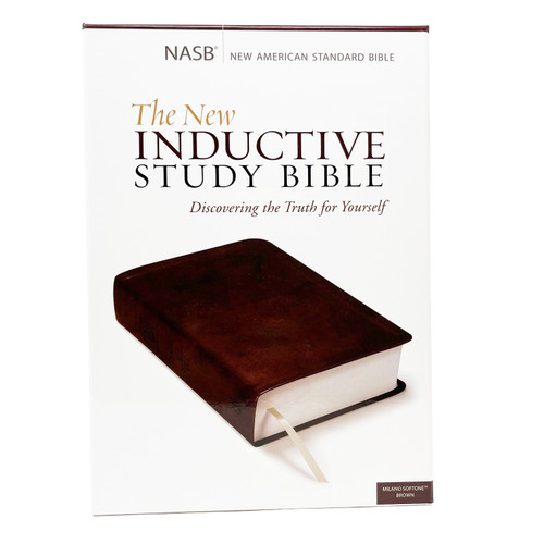 The image shows a picture of a NASB, The New Inductive Study Bible in Milano brown.