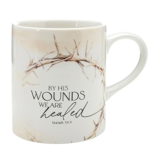 The image shows the front of this mug with Isaiah 53:5 –By His Wounds We are Healed.