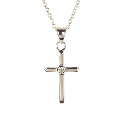 The image shows a close-up of this thin silver cross necklace.