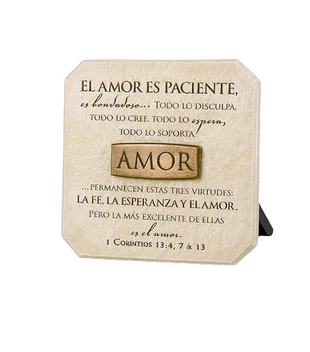 The image shows a close-up of this "Amor" tabletop plaque. 