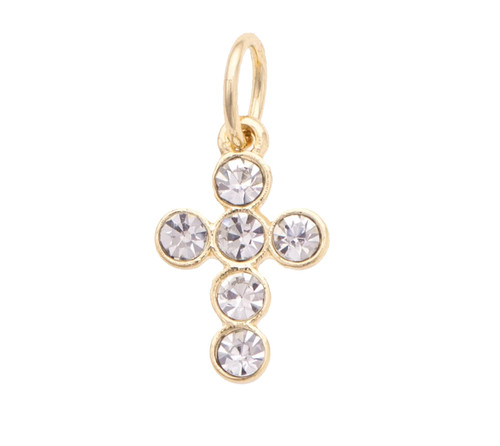 The image shows a close-up of a rhinestone cross charm in shiny gold.
