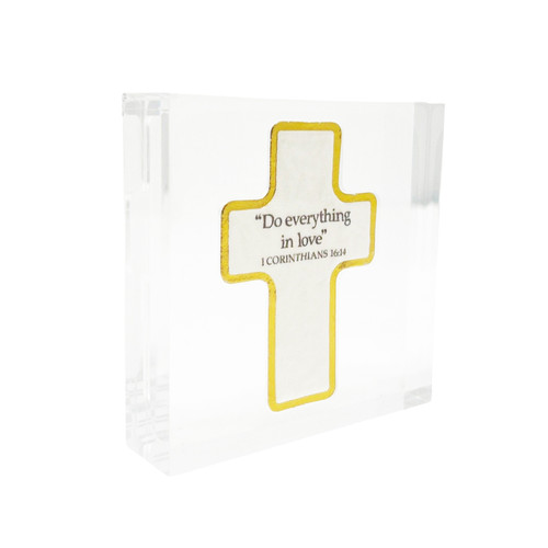 The image shows an acrylic block plaque with the biblical verse 1 Corinthians 13:4: Do Everything in Love.