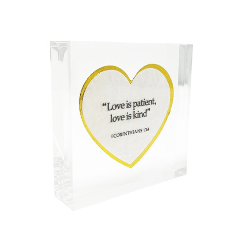 The image shows an acrylic block plaque with 1 Corinthians 13:4, Love is Patient verse inside a heart. 